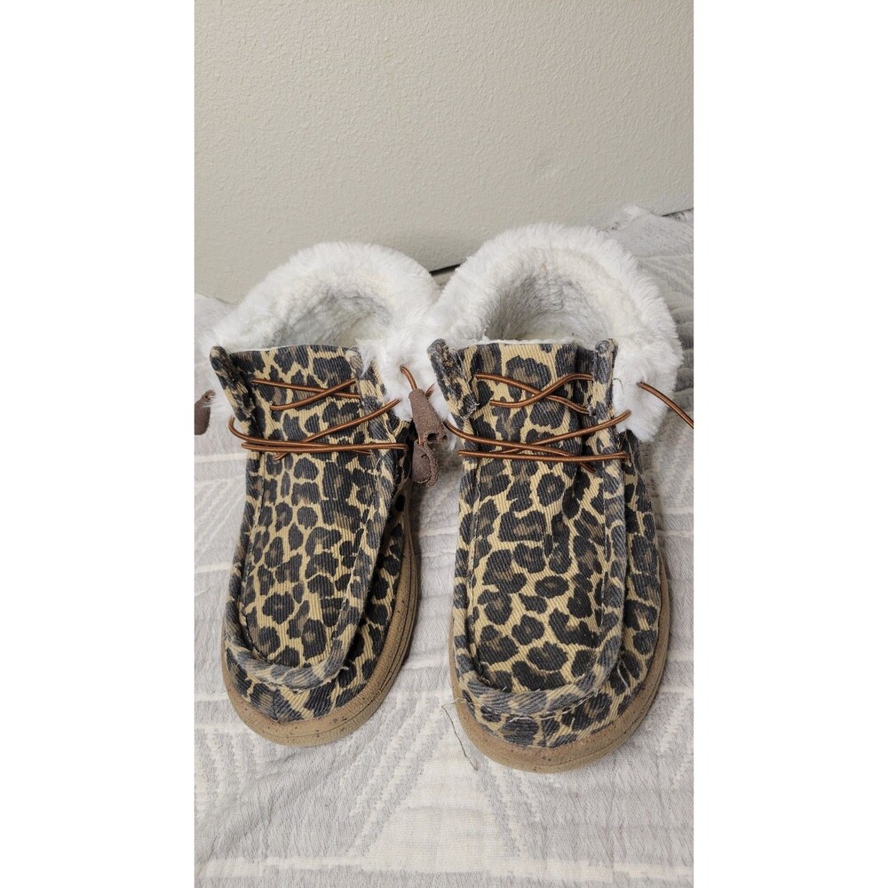 Lamo Leopard Print‎ Faux Fur Moc Slippers Women’s 6 Corduroy Fleece Lined Ankle